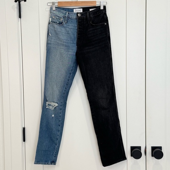 Frame Le Sylvie Slender Straight Jeans Black Indigo Mix Playtha Two Tone Size 24 - Picture 5 of 12